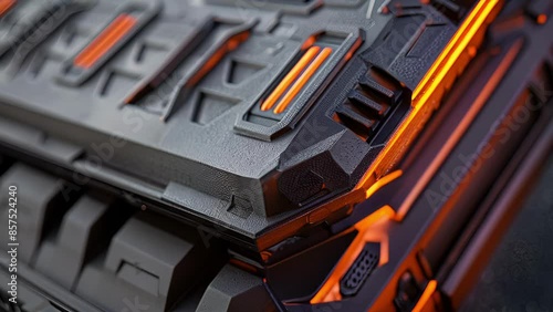 A detailed capture of the vertical ridges and horizontal grooves on the side of the battery pack providing a secure grip and preventing slippage.