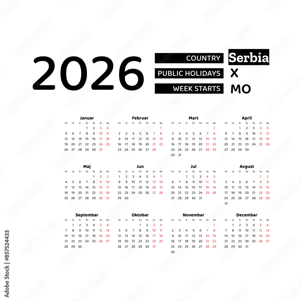 Calendar 2026 Serbian language with Serbia public holidays. Week starts
