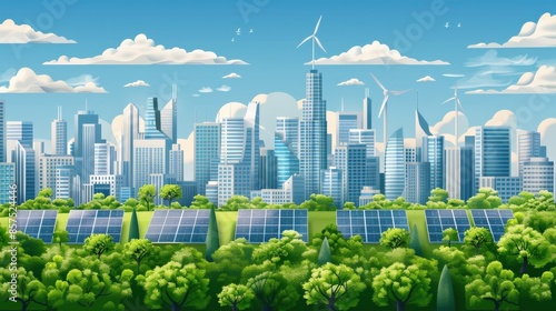 A city skyline with a green forest in the background. The city is powered by solar energy. Scene is peaceful and environmentally friendly