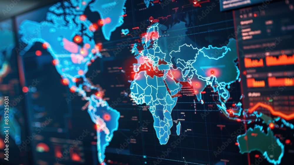 Fototapeta premium A computer monitor displays a map of the world with a blue and orange background. The map is filled with various data points and lines, giving the impression of a complex and interconnected system