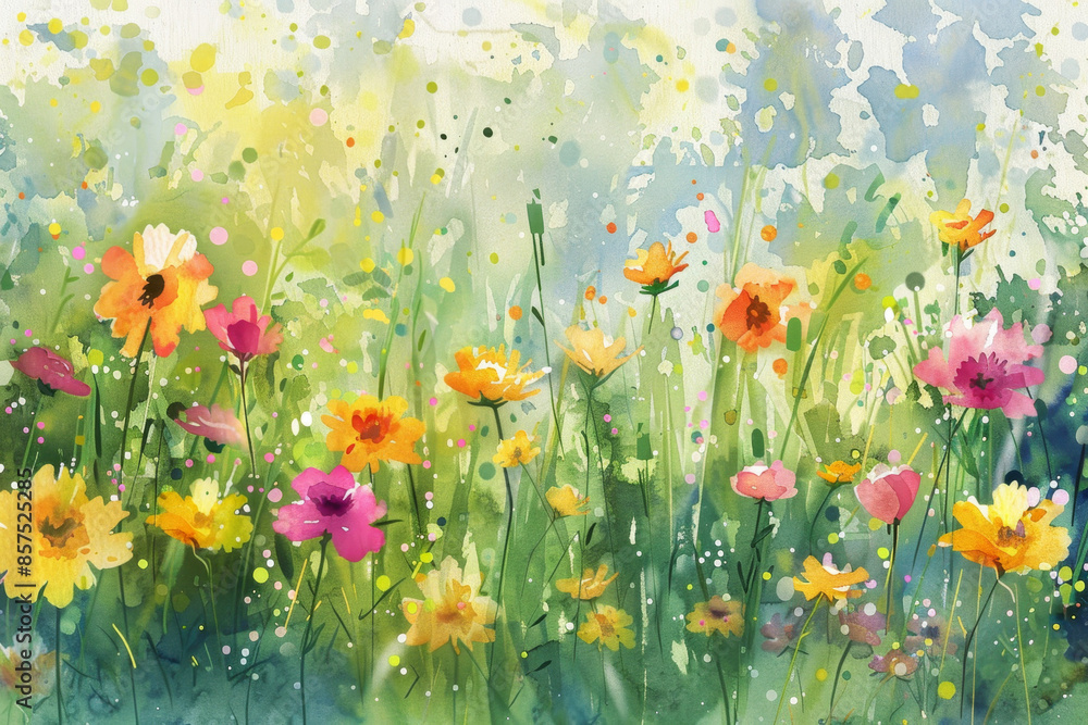 Beautiful abstract watercolor painting of wildflowers in the meadow, with a forest background