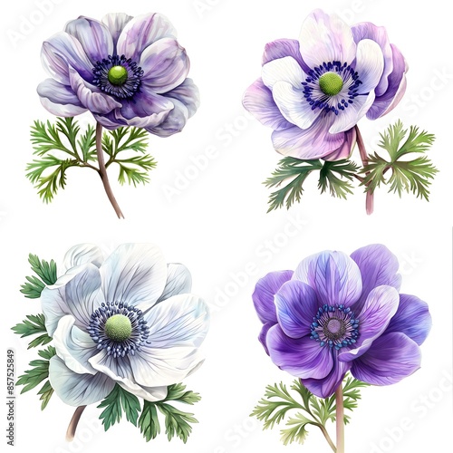 Collection of Japanese anemone, Eriocapitella hupehensis, flower, buds and foliage Watercolor illustration isolated against white photo