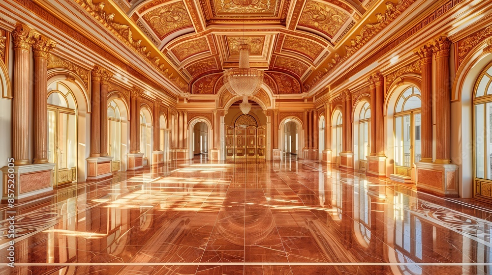 Fototapeta premium A_royal_ballroom_with_a_golden_ceiling_and_red_marble_floor_ai_generated_high_quality_image
