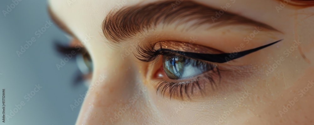 Fototapeta premium An extreme close-up that focuses on the eye, showcasing meticulous makeup application with bold black eyeliner and shimmering eyeshadow.