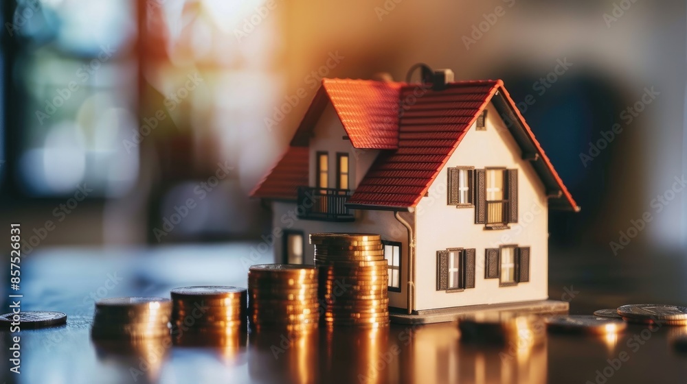 House model and coins stacked on table real estate theme backdrop House model and coins stacked on table real estate theme backdrop