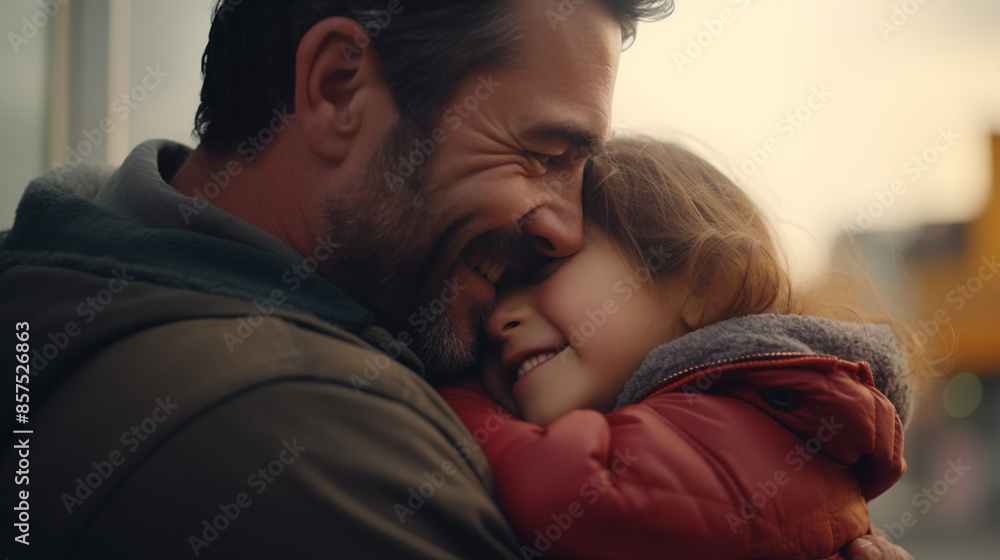 A tender moment of a father and daughter hugging, both gazing at the camera with joy, with copy space for text. A tender moment of a father and daughter hugging, both gazing at the camera with joy, with copy space for text.
