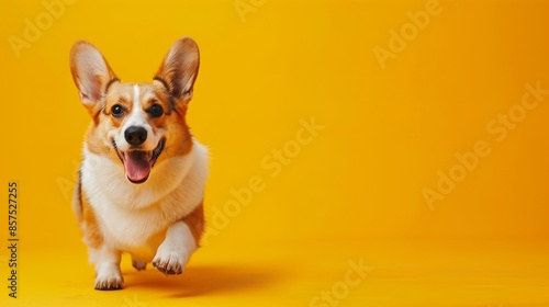 Corgi dog running and smiling with happy face on yellow background, studio shot. Pet happiness and playful concept