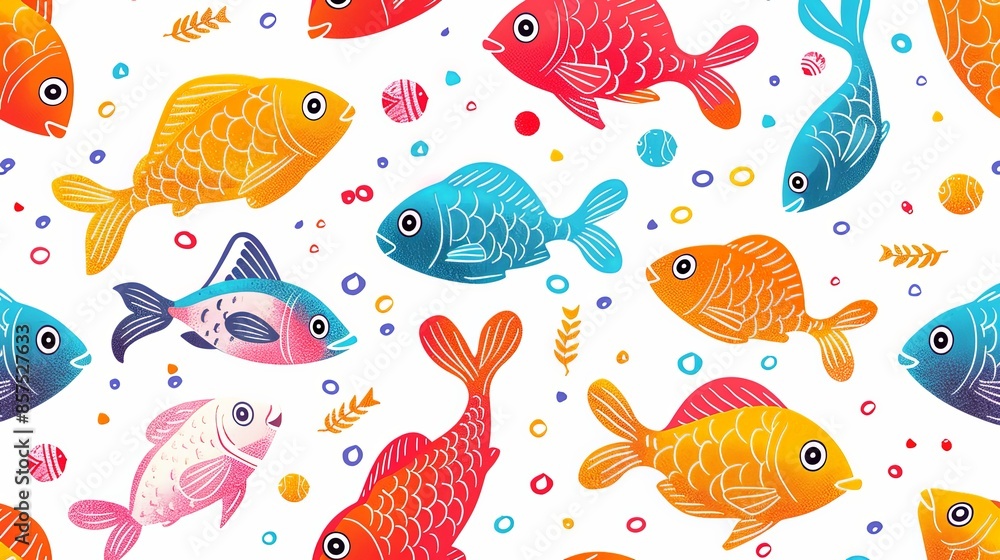An image depicting various colorful fish swimming amongst abstract shapes and corals, showcasing a vibrant and lively aquatic environment. Perfect for marine-themed design. An image depicting various colorful fish swimming amongst abstract shapes and corals, showcasing a vibrant and lively aquatic environment. Perfect for marine-themed design.