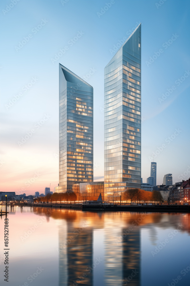 Naklejka premium Imposing IJ Towers: An Epitome of Modern Architectural Prowess in Amsterdam's Skyline