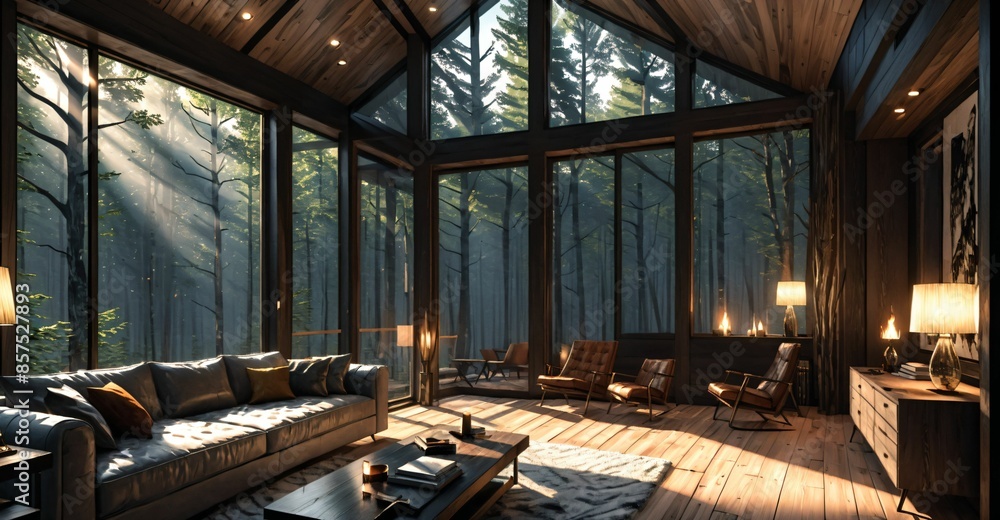 interior of modern cabin living room in secluded forest woods. interior design and decor of mansion house lodge with glass window walls and wood floor roof. interior of modern cabin living room in secluded forest woods. interior design and decor of mansion house lodge with glass window walls and wood floor roof.