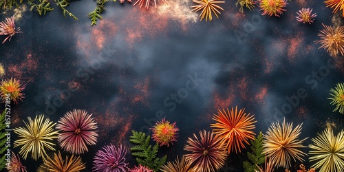 A creative arrangement of fireworks in various colors and patterns set against a dark background, conveying a sense of celebration, creativity, and artistic expression. © StockUp