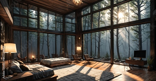 interior of modern cabin bed room in secluded forest woods. interior design and decor of mansion house lodge with glass window walls and wood floor roof.