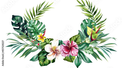 Tropical wreath of plants flowers and exotic leaves on a transparent background