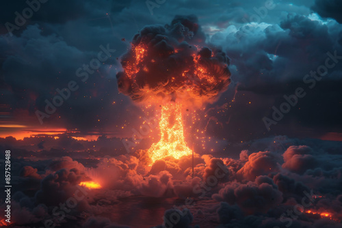 Nuclear explosion mushroom cloud with glowing flames and smoke in the sky