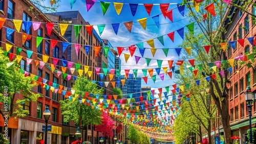 Colorful decorations and festive banners in urban setting for May Day parade celebration, urban, unity, May Day, parade, community, spring, festivities, labor day, colorful, decorations