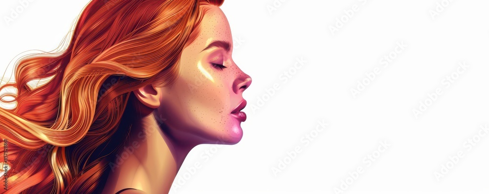 An artistic representation of a woman in profile with long, flowing hair rendered in warm, golden tones, emphasizing beauty and movement. Free copy space for text. An artistic representation of a woman in profile with long, flowing hair rendered in warm, golden tones, emphasizing beauty and movement. Free copy space for text.