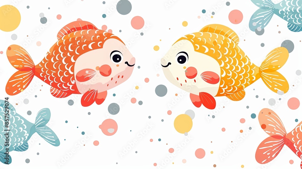Two cheerful and colorful fish swim joyfully among a sea of vibrant bubbles, creating a lively and engaging underwater scene that is full of fun and movement. Two cheerful and colorful fish swim joyfully among a sea of vibrant bubbles, creating a lively and engaging underwater scene that is full of fun and movement.