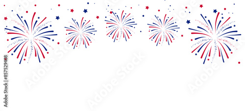 Fireworks Fourth of July.Border with fireworks and red , blue stars , sparks . United states of america independence day fireworks. Red, blue fireworks for 4th of July .
