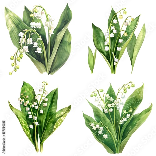 Lily of the Valley Or Convallaria majalis in Watercolor illustration Isolated on White Background