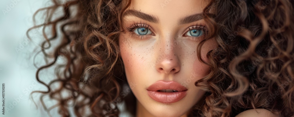 A woman with curly hair and a tan complexion is smiling at the camera. She has a light makeup look on her face. Free copy space for text. A woman with curly hair and a tan complexion is smiling at the camera. She has a light makeup look on her face. Free copy space for text.