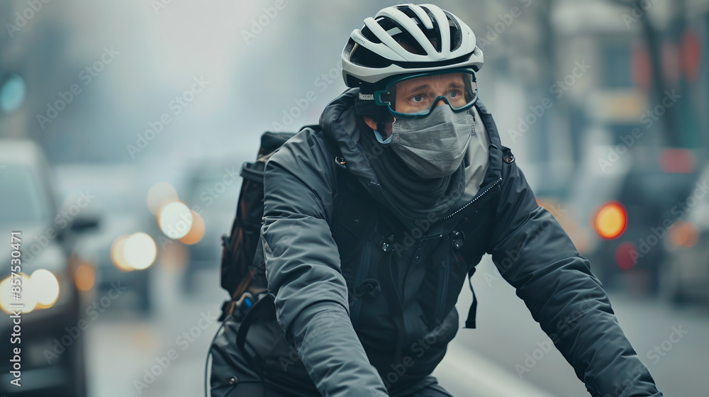 A cyclist wearing a mask while commuting through a polluted urban environment, underscoring the vulnerability of active commuters to air pollution exposure. A cyclist wearing a mask while commuting through a polluted urban environment, underscoring the vulnerability of active commuters to air pollution exposure.