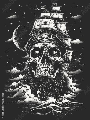 A skull with a pirate hat on top of it. The skull is surrounded by a dark background