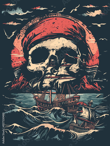 A skull is holding a pirate's hat and is surrounded by a ship and ocean