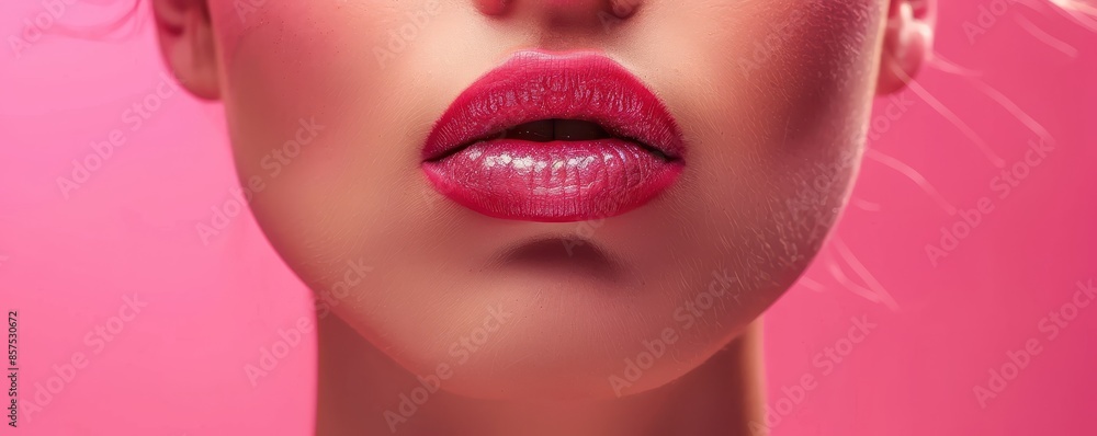 Obraz premium A woman with a pink background and a pink lip. The lips are covered in glitter. The woman has a very pretty and glamorous look. Free copy space for text.