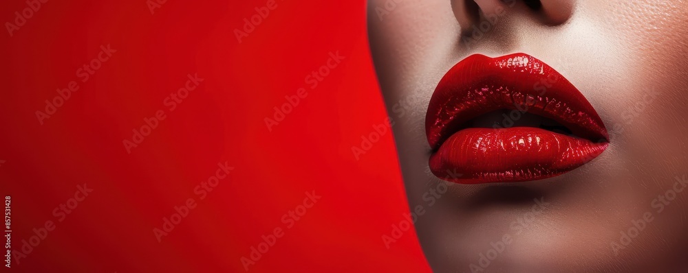 Obraz premium A woman with red lips and a red background. Free copy space for text.