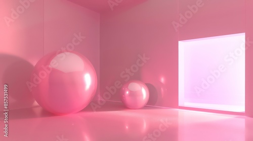 This is a 3D rendering of a pink room with a large and a small sphere. The room is lit by a soft pink light from the right. Generative AIb photo