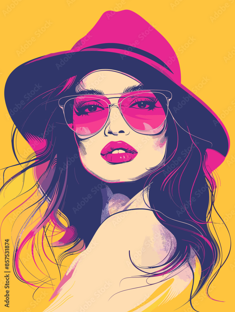 Fashion girl in hat and sunglasses. Hand-drawn illustration. Fashion girl in hat and sunglasses. Hand-drawn illustration.