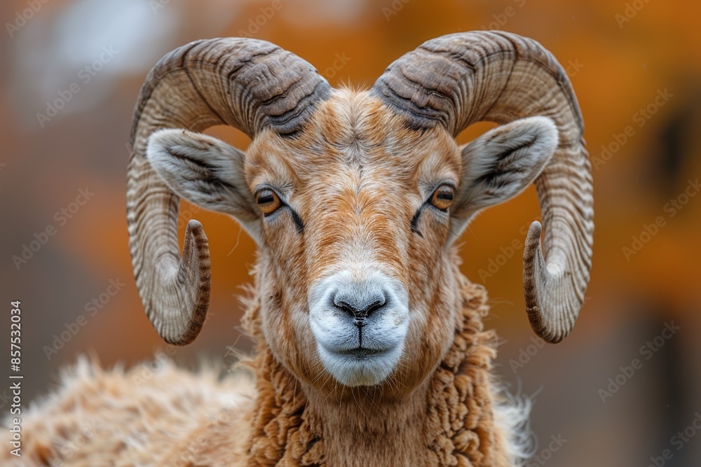 A majestic close-up portrait of a wild ram with impressive curved horns standing against a blurred autumn background, highlighting the detailed textures of its fur and captivating eyes A majestic close-up portrait of a wild ram with impressive curved horns standing against a blurred autumn background, highlighting the detailed textures of its fur and captivating eyes
