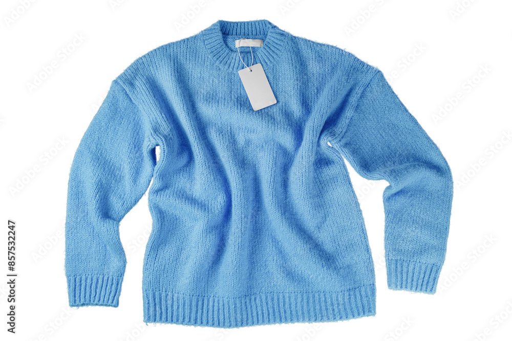 Fototapeta premium Blue flying crumpled women autumn knitted sweater with blank label tag isolated on white, transparent background. Creative clothing concept, cozy creasy jersey pullover. Fashion template, mockup
