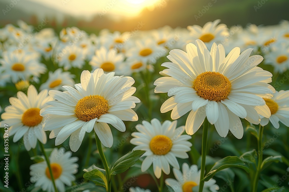 Fototapeta premium A Beautiful Field of Daisies in Full Bloom at Sunrise Capturing the Essence of Nature?s Tranquil Beauty in a Serene Morning Setting