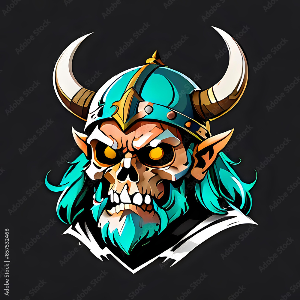Fototapeta premium Fierce illustrated portrait of a Viking skull with glowing yellow eyes, horned helmet, and teal accents, perfect for gaming logos, fantasy art, and themed merchandise.