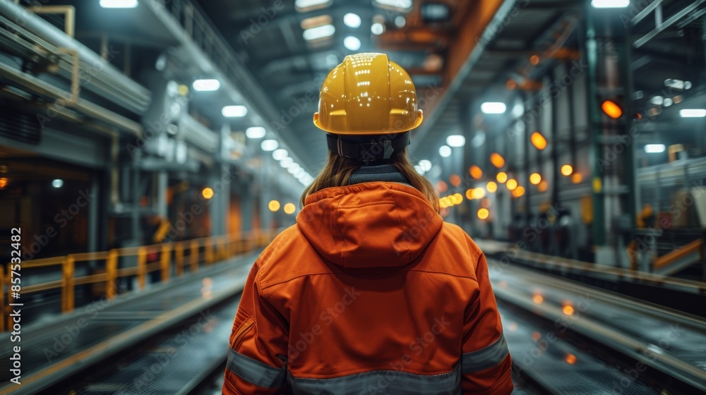 Factory worker in safety gear standing in industrial facility, back view. Manufacturing and industry concept Factory worker in safety gear standing in industrial facility, back view. Manufacturing and industry concept