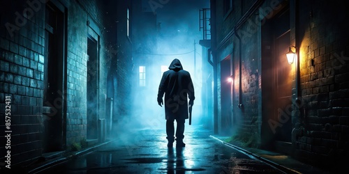Dark and creepy silhouette of a killer in a abandoned alleyway at night, murderer, crime, danger, fear, homicide, murderer, spooky, menacing, weapon, violence, sinister, mystery, thriller