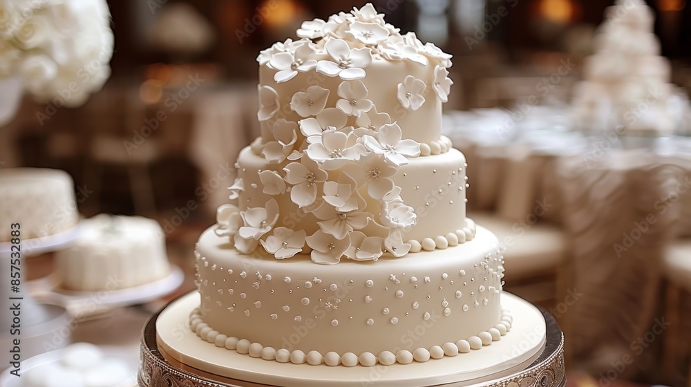 Elegant multi-tiered white wedding cake adorned with delicate floral decorations set in a lavish dining environment with soft lighting Elegant multi-tiered white wedding cake adorned with delicate floral decorations set in a lavish dining environment with soft lighting
