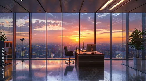 AI Generated Modern interior window wall building city office contemporary business downtown success skyscraper empty urban corporate view clean workplace design construction sky room architecture