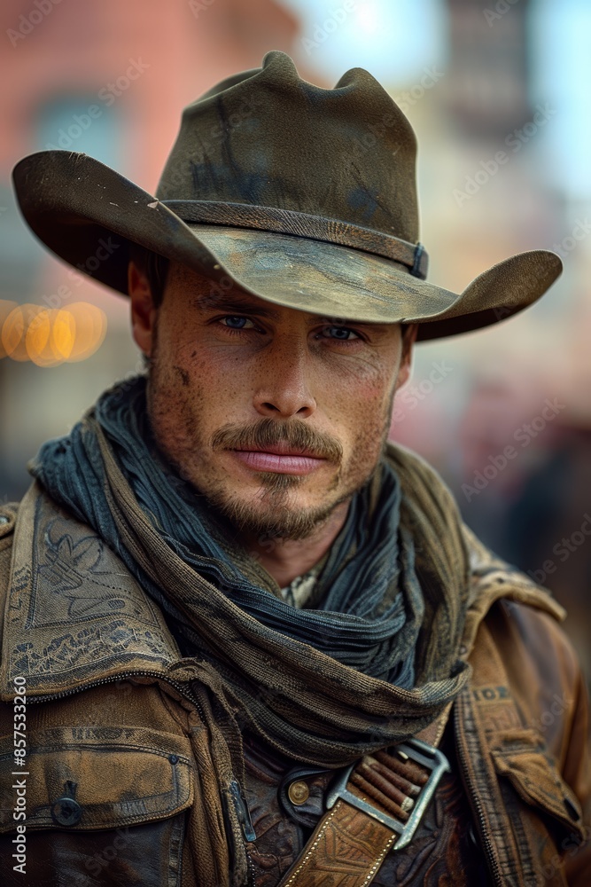 Portrait of a rugged cowboy with a weathered hat and detailed attire, epitomizing the essence of the Wild West in a historically rich setting Portrait of a rugged cowboy with a weathered hat and detailed attire, epitomizing the essence of the Wild West in a historically rich setting