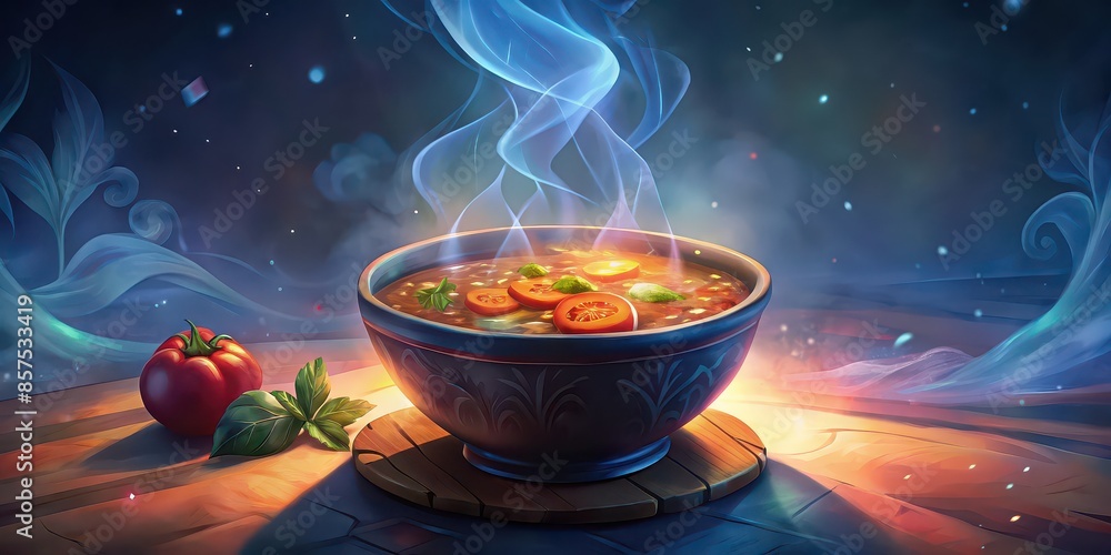 Steaming and hearty bowl of delicious soup with fresh vegetables, food, cuisine, comfort, bowl, hot, steam, savory, broth, homemade, cooking, delicious, meal, lunch, dinner, appetizing Steaming and hearty bowl of delicious soup with fresh vegetables, food, cuisine, comfort, bowl, hot, steam, savory, broth, homemade, cooking, delicious, meal, lunch, dinner, appetizing