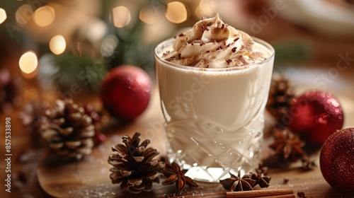 A beautifully arranged holiday-themed setting featuring a creamy eggnog drink with whipped cream and sprinkled spices, surrounded by festive decorations