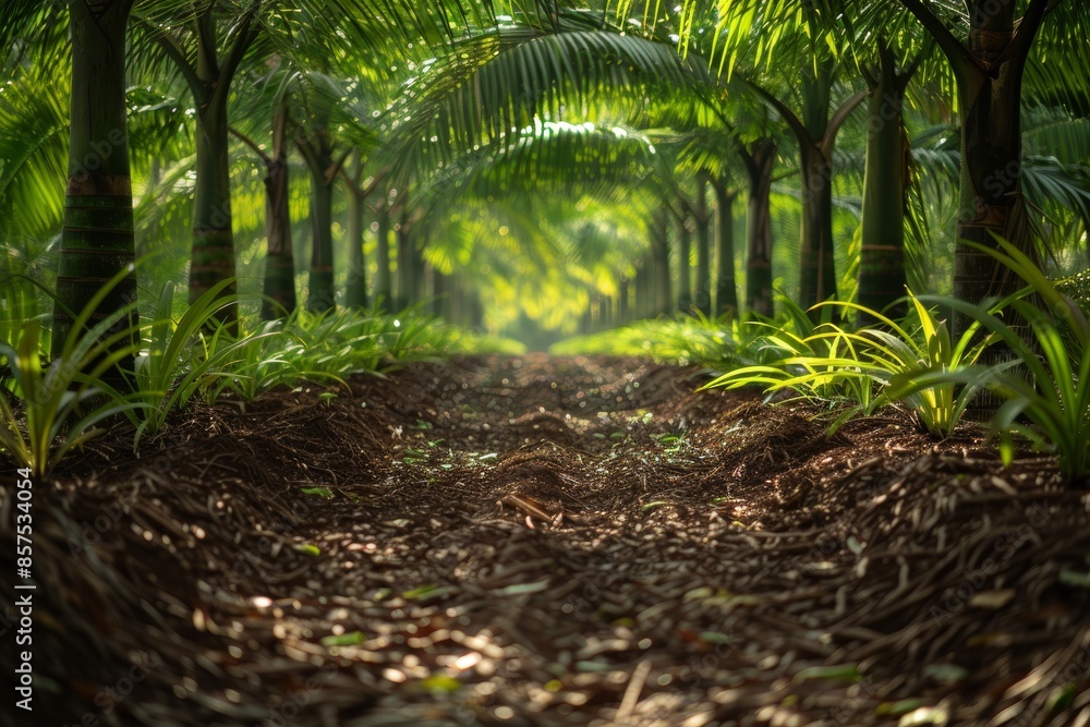 A mesmerizing view of a well-maintained agricultural setting featuring rows of lush green palm trees and vibrant ground plants under the warm sunlight A mesmerizing view of a well-maintained agricultural setting featuring rows of lush green palm trees and vibrant ground plants under the warm sunlight