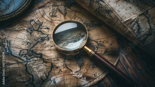 Vintage world map with magnifying glass and compass, symbols of exploration and adventure, close-up view for commercial use