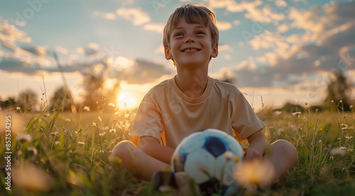 Fototapeta Naklejka Na Ścianę i Meble -  happy boy wearing uniform, sitting on field with soccer ball.