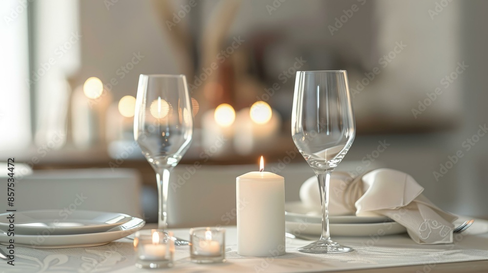 Elegant candlelit dining table set with wine glasses and plates for a romantic dinner or special occasion celebration Elegant candlelit dining table set with wine glasses and plates for a romantic dinner or special occasion celebration