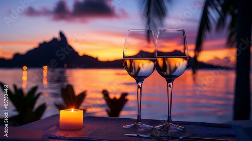 Romantic sunset dinner with wine glasses and candle on tropical beachside table overlooking ocean and mountain view photo