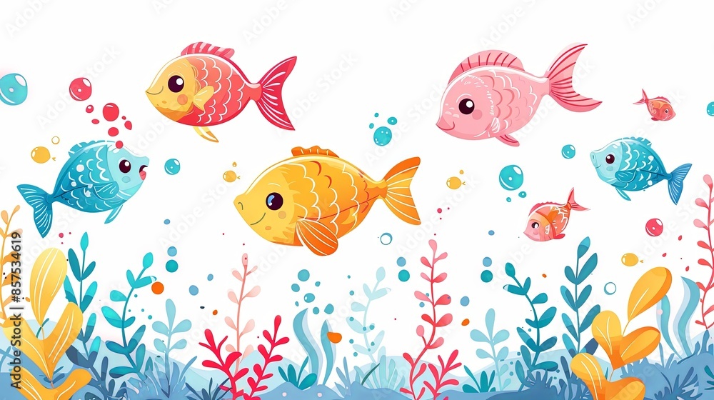 A vibrant underwater scene featuring multiple cartoon fish in various sizes and colors including blue, yellow, and pink, along with bright aquatic plants and bubbles. A vibrant underwater scene featuring multiple cartoon fish in various sizes and colors including blue, yellow, and pink, along with bright aquatic plants and bubbles.