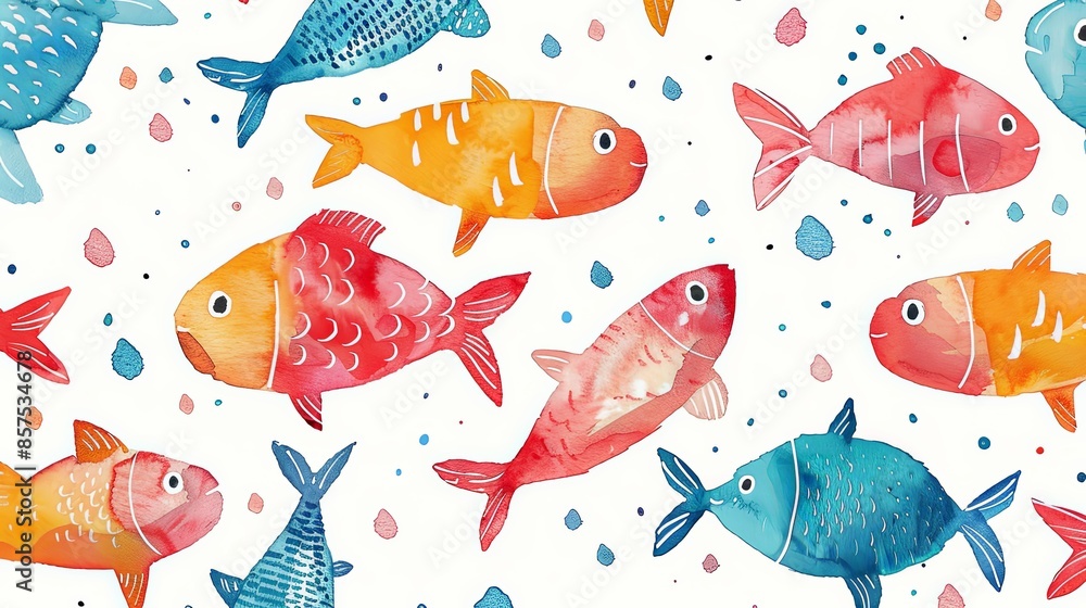 A stylized pattern featuring colorful fish in shades of red, orange, blue, and pink against a white background, creating a seamless and whimsical aquatic theme. A stylized pattern featuring colorful fish in shades of red, orange, blue, and pink against a white background, creating a seamless and whimsical aquatic theme.