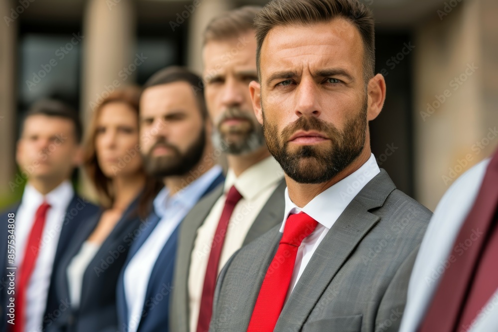 A group of men and women in suits and ties stand in a line, business team concept A group of men and women in suits and ties stand in a line, business team concept